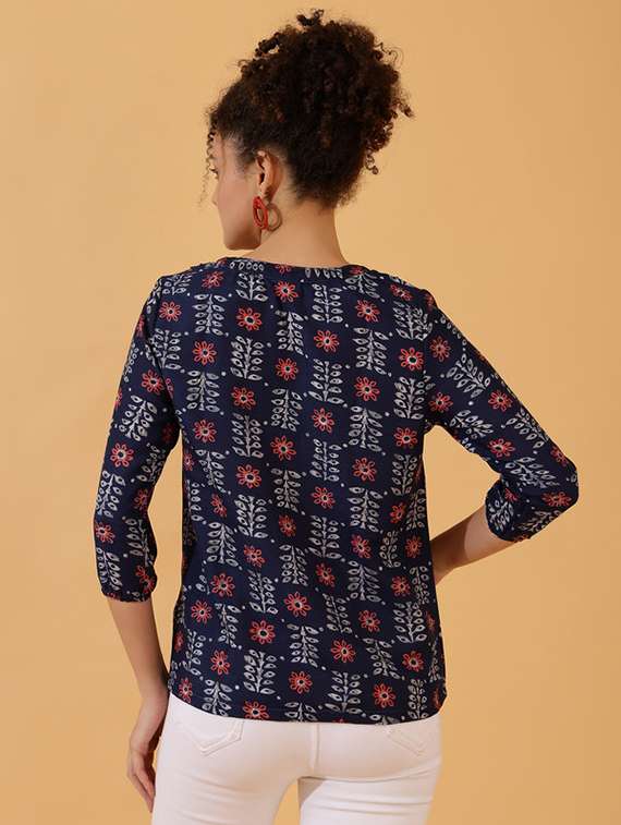 women blue block printed straight top - 21522428 - Standard Image - 2