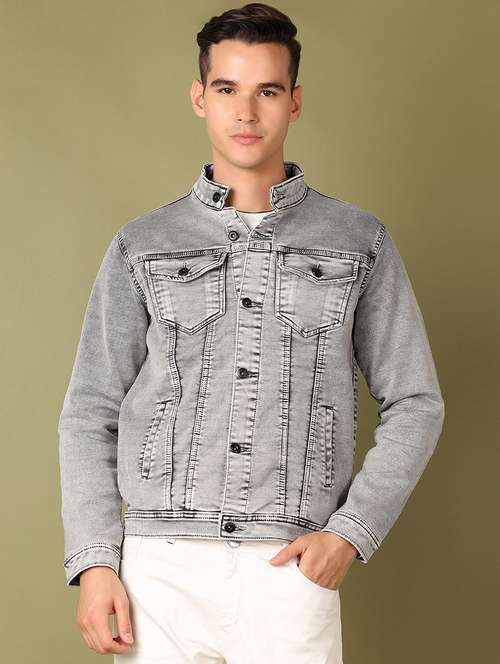 men grey solid long sleeve denim jacket - 21522832 -  Standard Image - 0