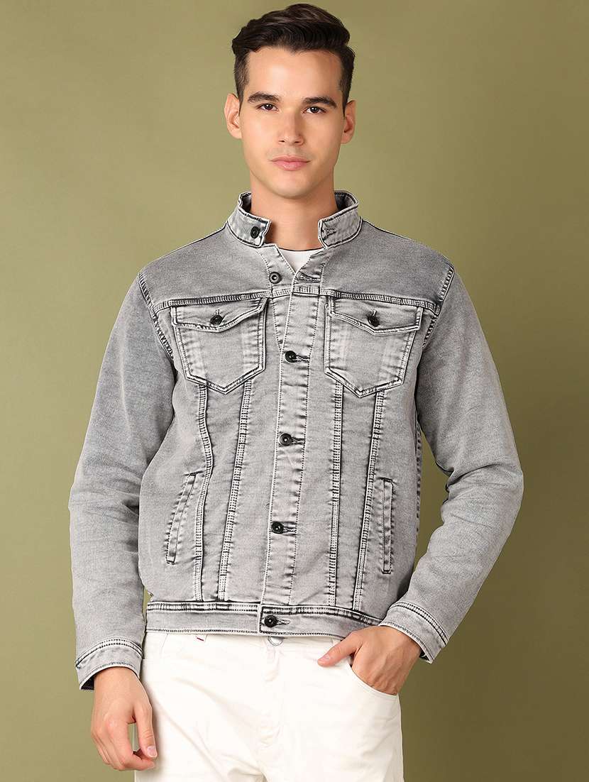 men grey solid long sleeve denim jacket - 21522832 -  Zoom Image - 0