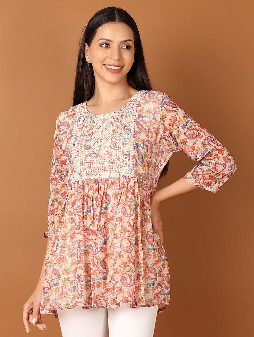 women peach paisley printed flared kurti