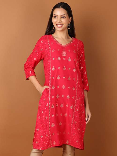 women red three quarter sleeve a-line kurta - 21522885 -  Standard Image - 0