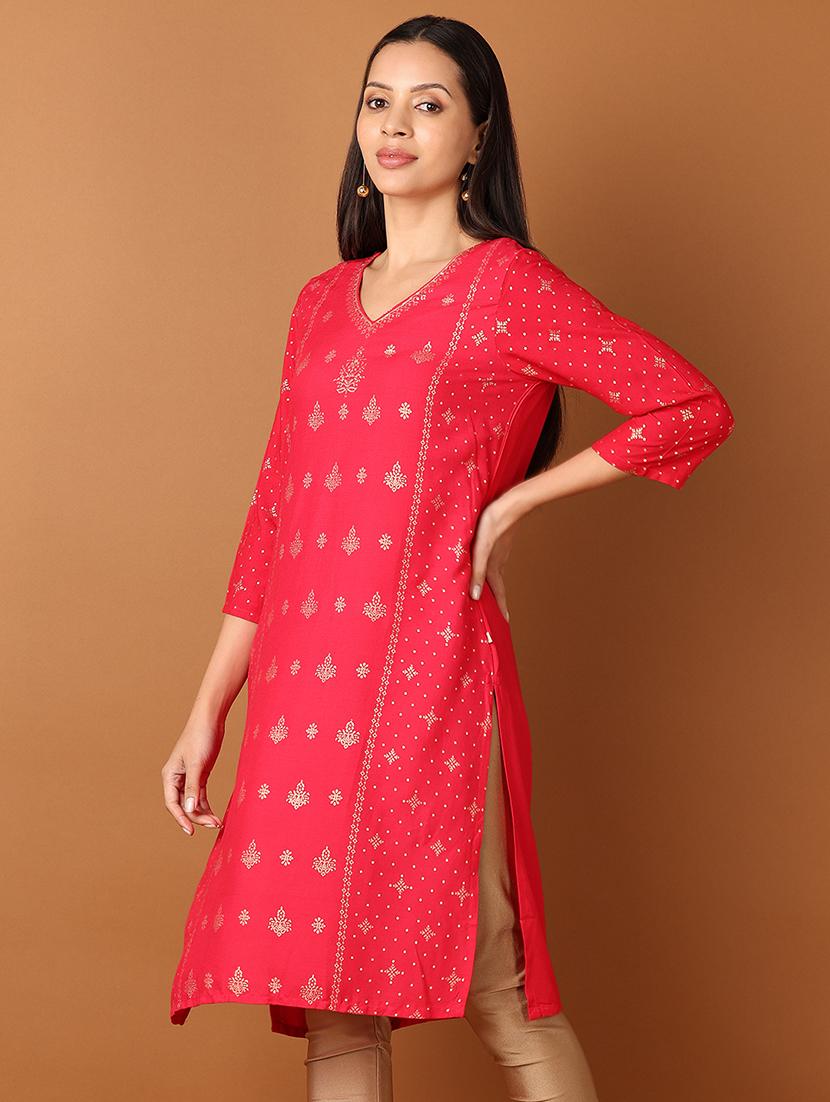 women red three quarter sleeve a-line kurta - 21522885 - Standard Image - 2
