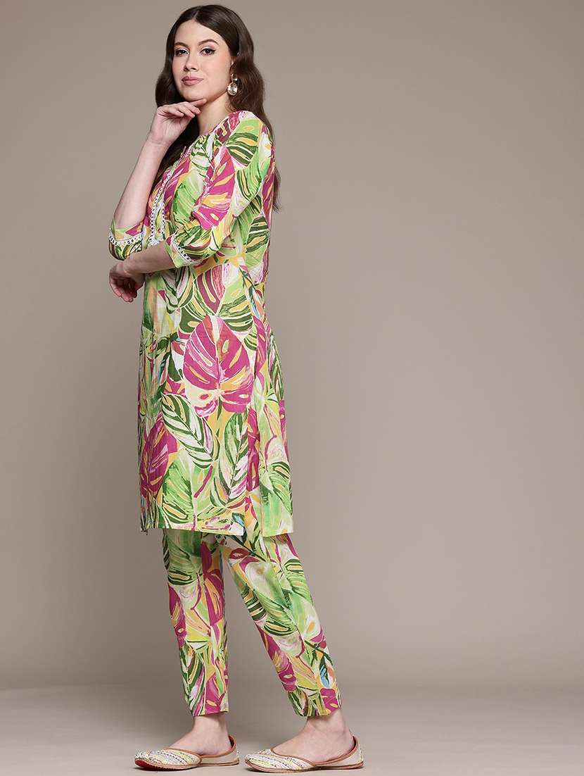 women tropical round neck kurta pant set - 21523109 -  Standard Image - 2