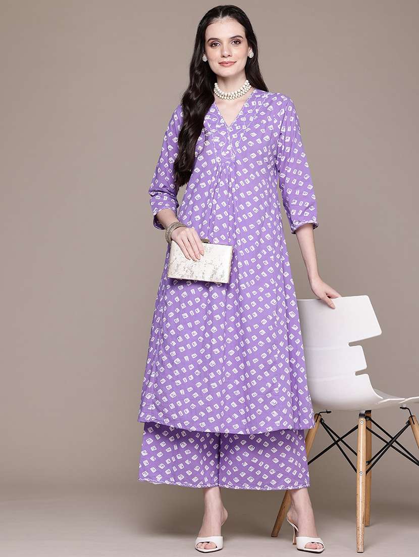 women printed v neck kurta palazzo set