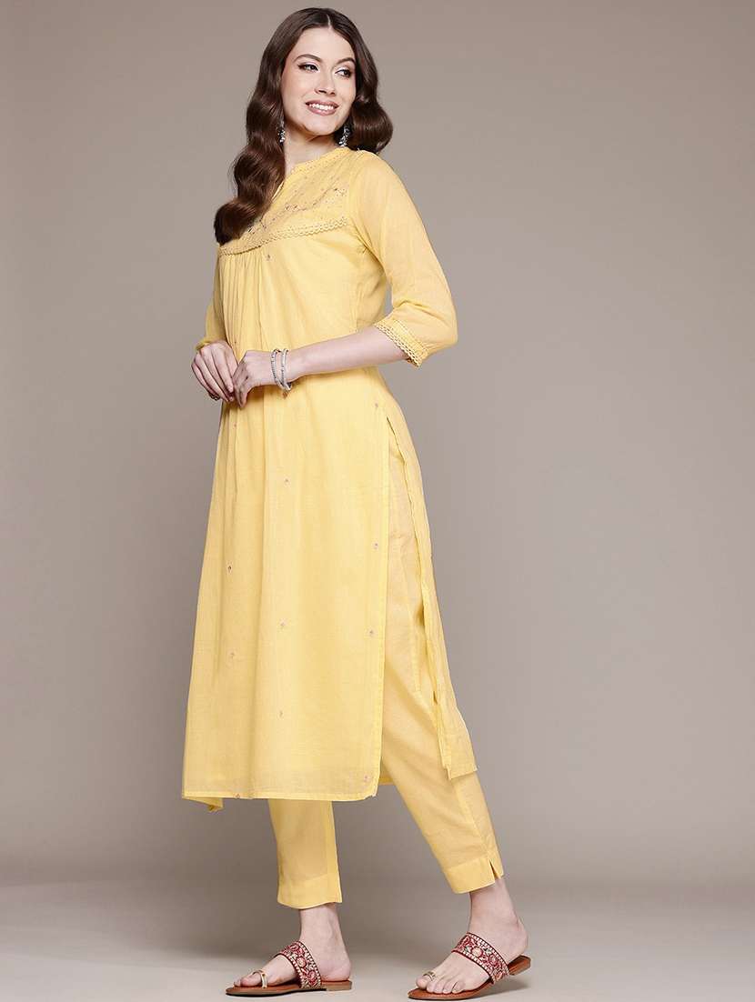 women solid with work notch neck kurta pant set - 21523120 -  Standard Image - 2