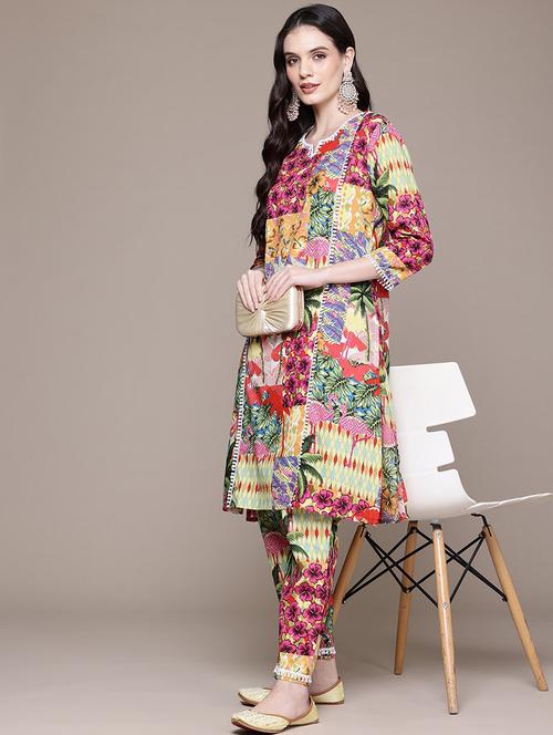 women printed notch neck kurta pant set - 21523129 -  Standard Image - 0