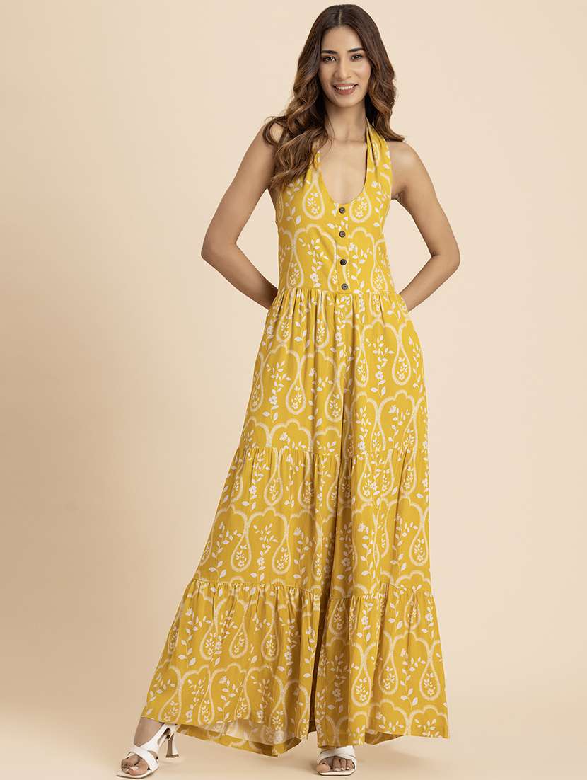 women yellow viscose full leg jumpsuit