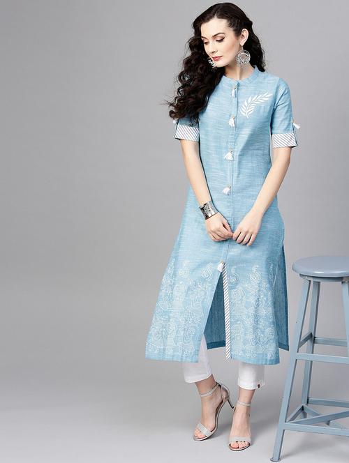 women light blue mandarin neck front slit kurta - 21523176 - Standard Image - 0