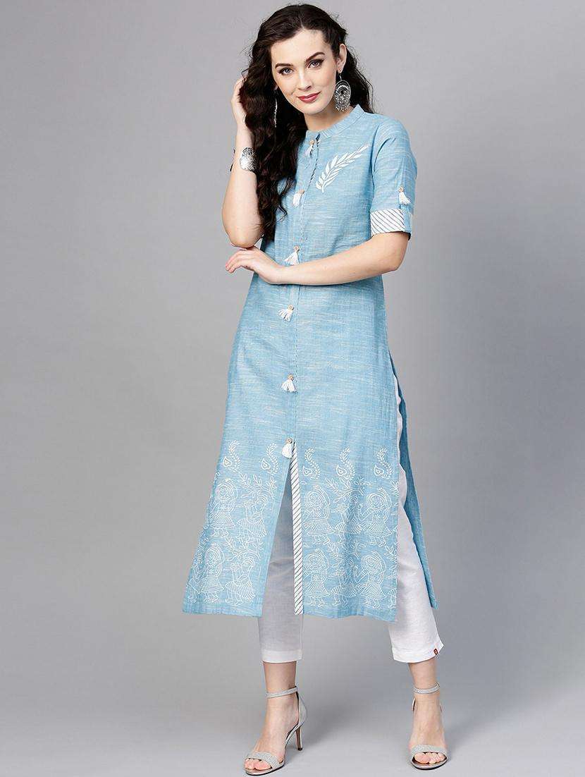 women light blue mandarin neck front slit kurta - 21523176 -  Standard Image - 2