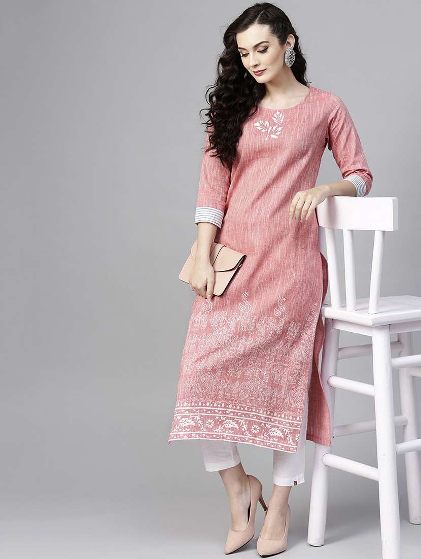 women peach round neck straight kurta