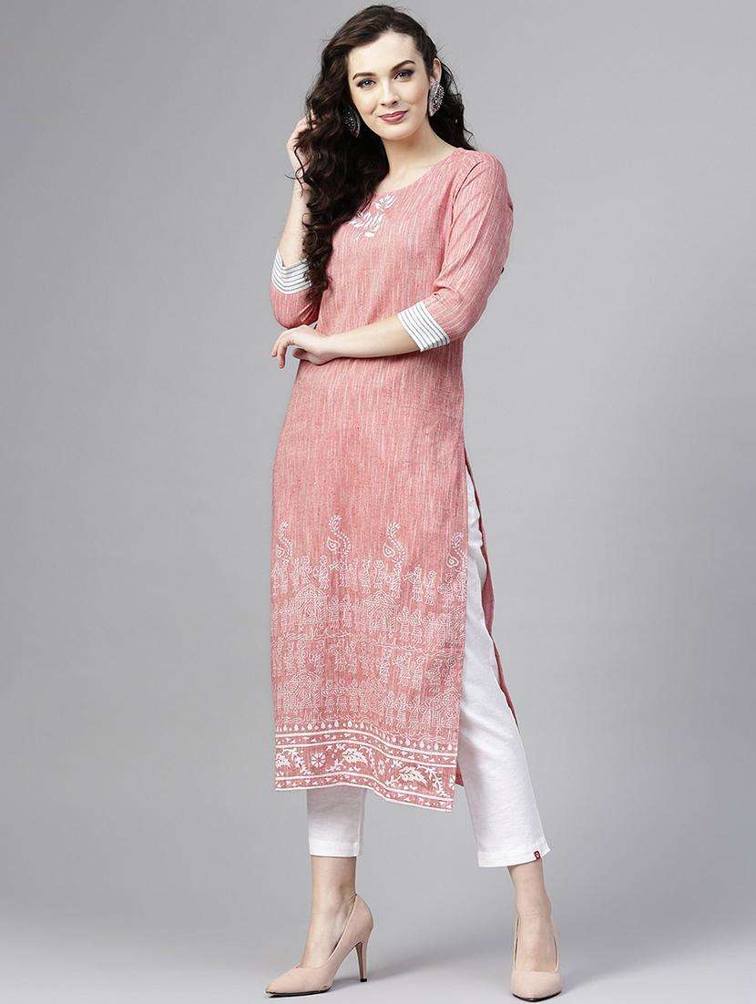 women peach round neck straight kurta - 21523177 -  Standard Image - 2