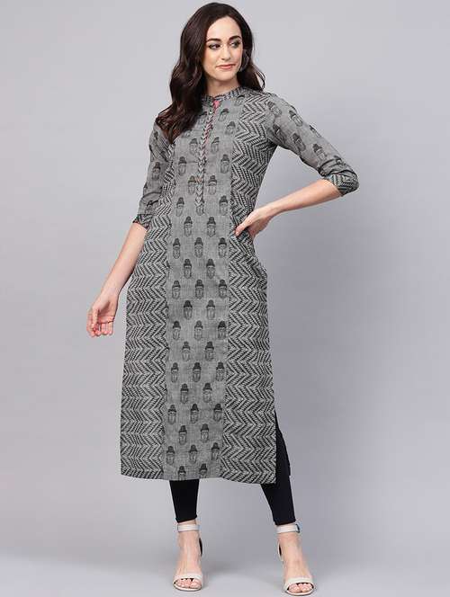 women grey mandarin neck straight kurta - 21523180 -  Standard Image - 0