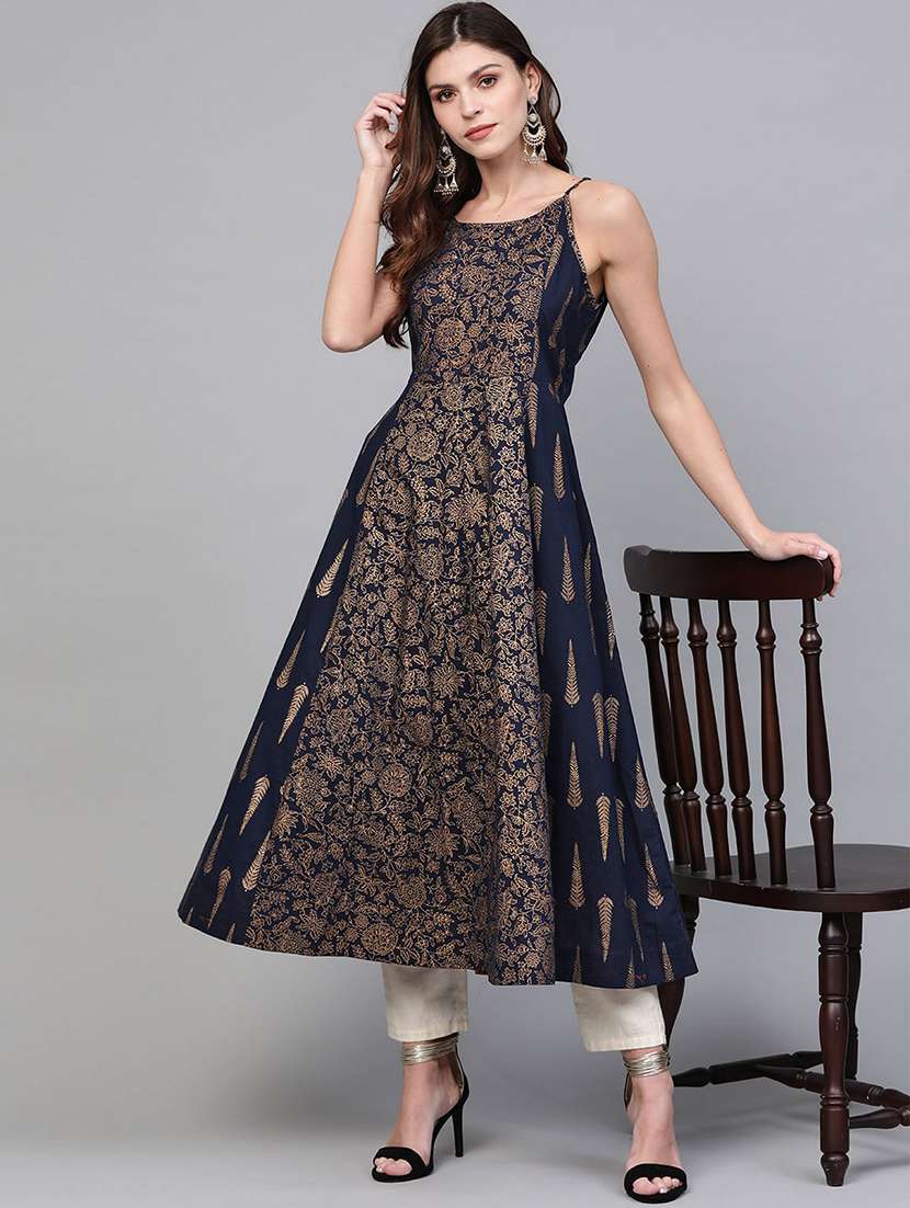 women navy blue shoulder strap a-line kurta