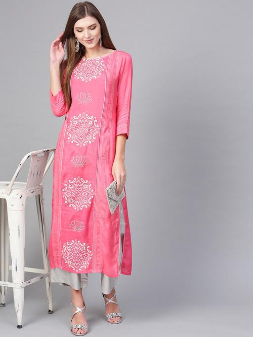 women pink round neck straight kurta - 21523186 - Standard Image - 0