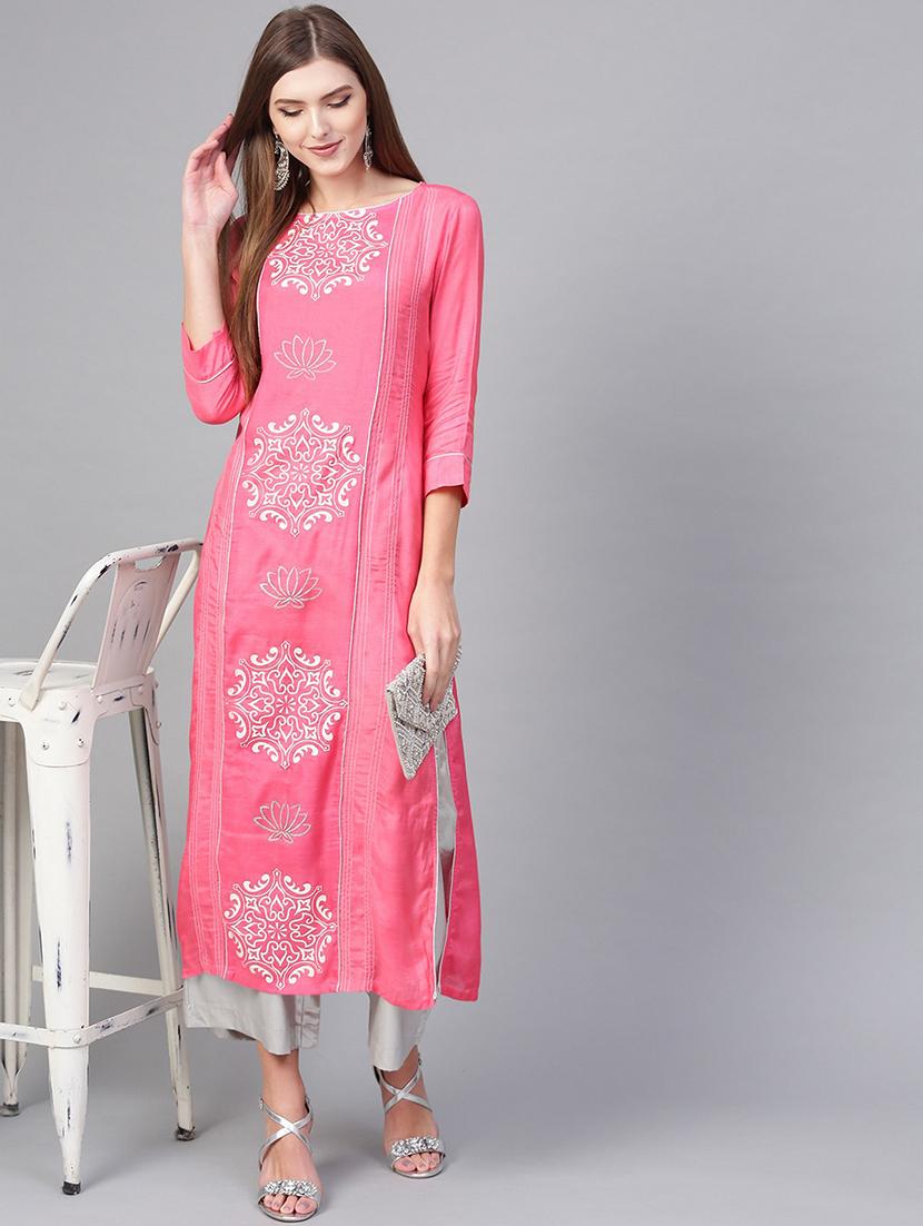 women pink round neck straight kurta - 21523186 - Zoom Image - 0