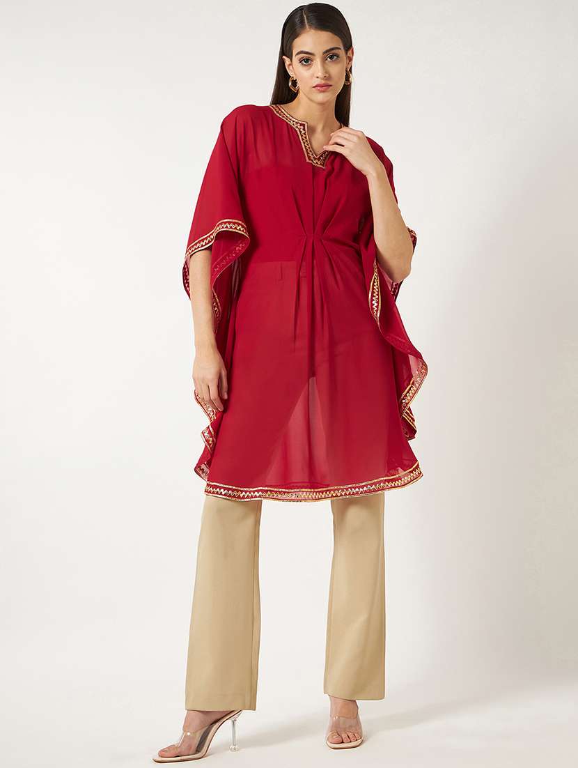 women red solid notch neck kaftan kurta