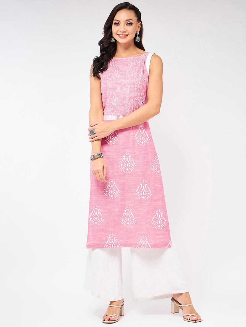 women pink printed straight kurta