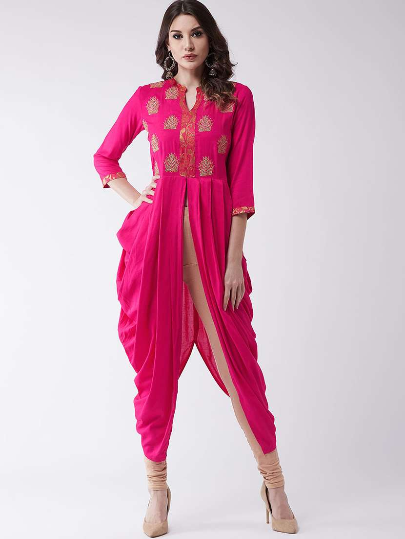 women pink mandarin neck asymmetric kurta