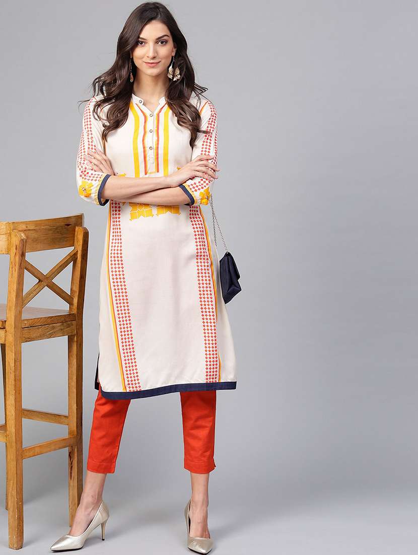 women off-white mandarin neck straight kurta
