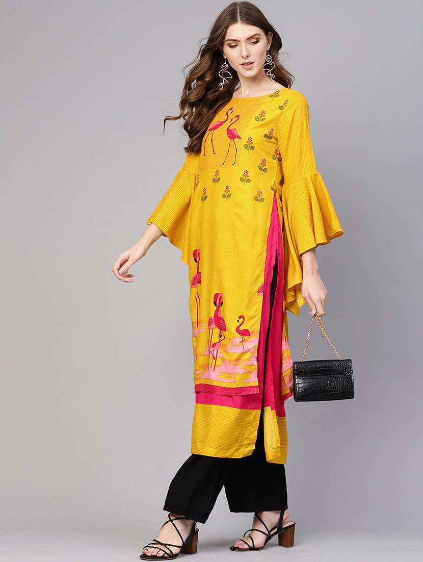 women yellow round neck straight kurta