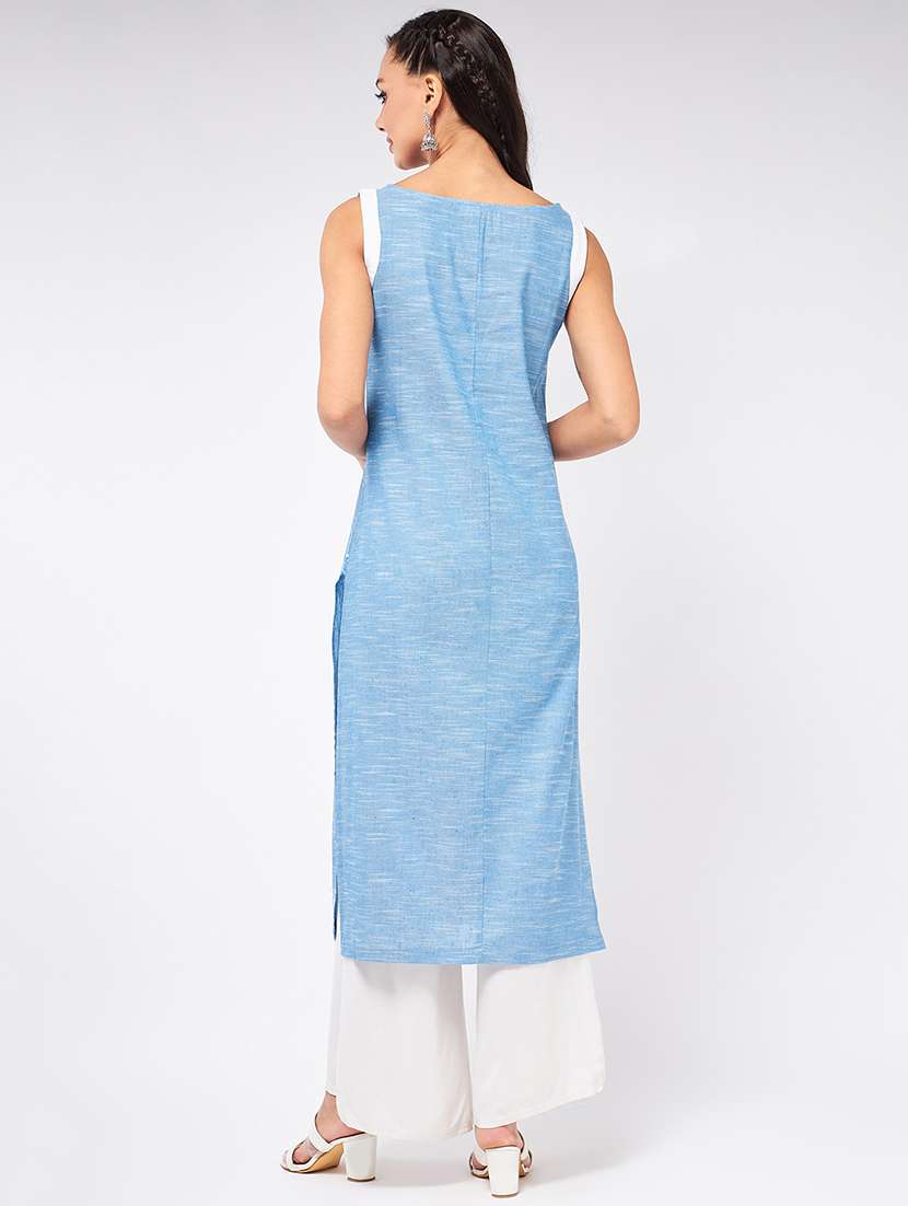 women light blue round neck straight kurta - 21523205 -  Standard Image - 2