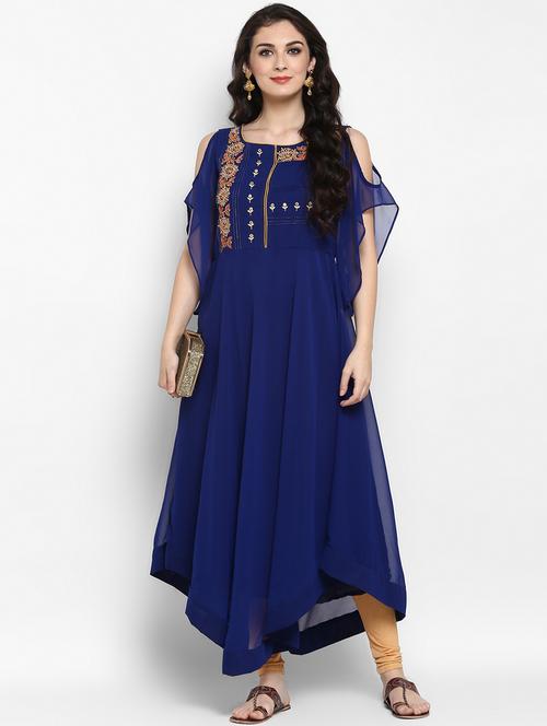 women blue round neck flared kurta - 21523206 -  Standard Image - 0