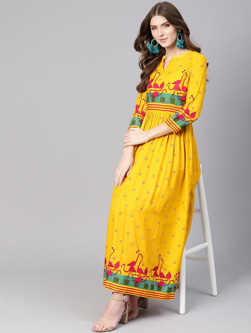 women yellow mandarin neck flared kurta - 21523210 - Standard Image - 2