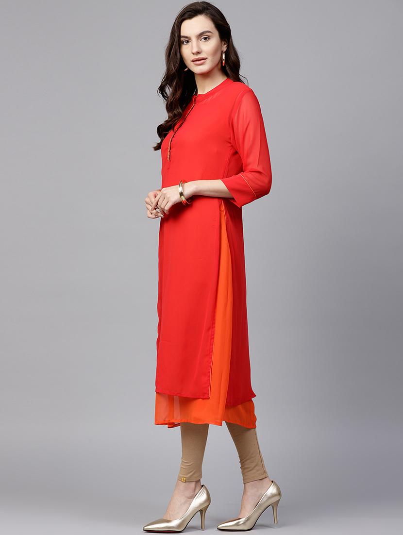 women red mandarin neck layered kurta - 21523212 - Standard Image - 2
