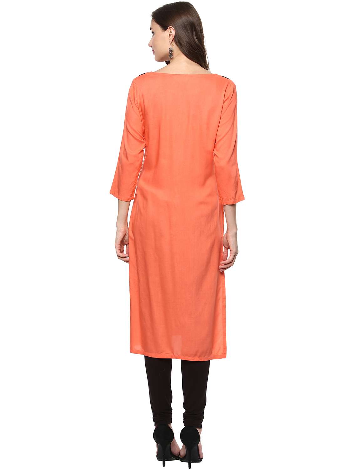 women orange round neck straight kurta - 21523220 -  Standard Image - 2