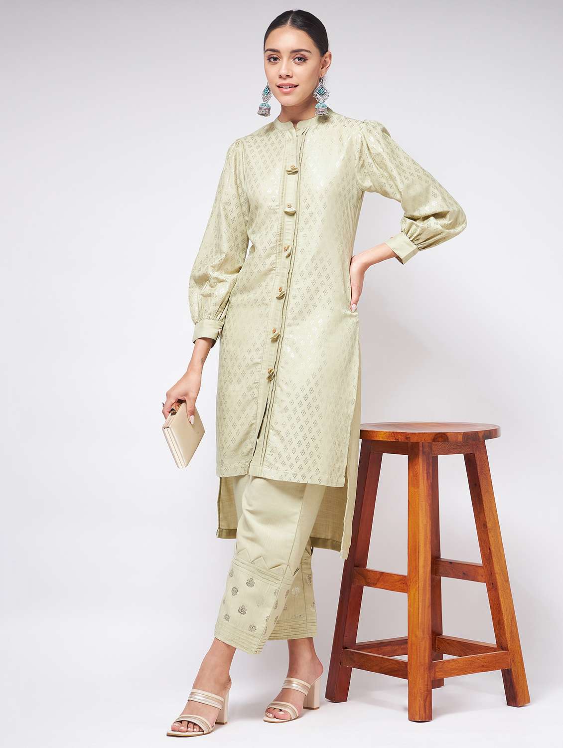 women neo mint mandarin neck high-low kurta