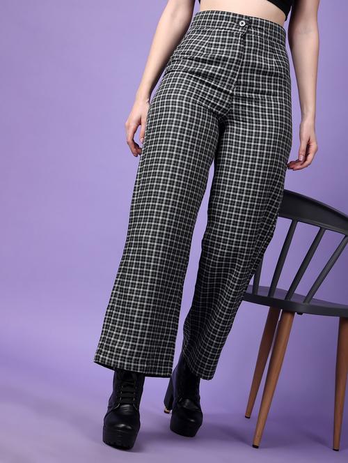 women checkered high rise wide leg trouser - 21523443 -  Standard Image - 0