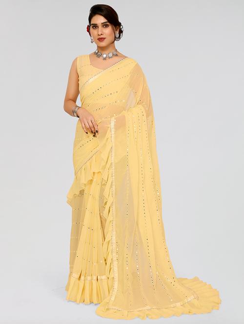 yellow georgette ruffle saree with blouse - 21523557 - Standard Image - 0