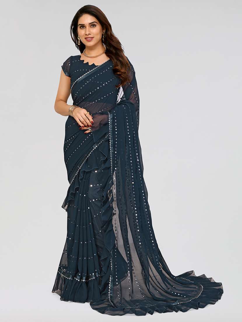 teal georgette ruffle saree with blouse
