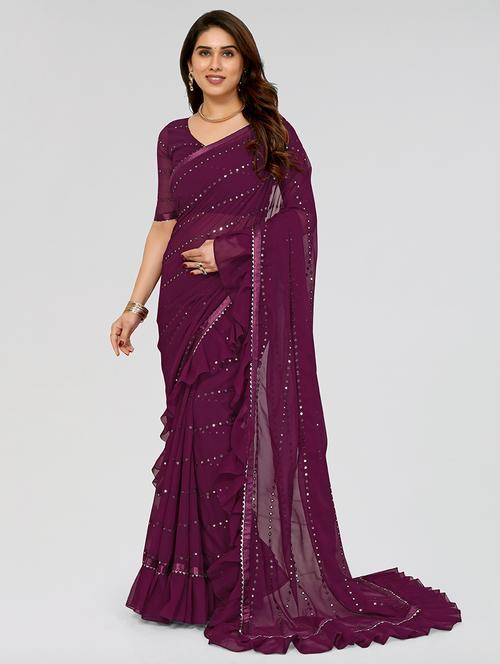 purple georgette ruffle saree with blouse - 21523559 - Standard Image - 0