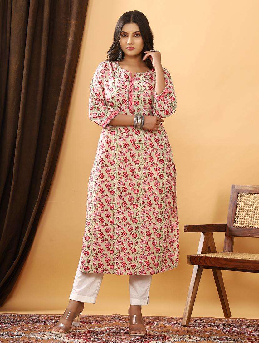 women printed three quater sleeve straight kurta - 21523706 -  Standard Image - 2