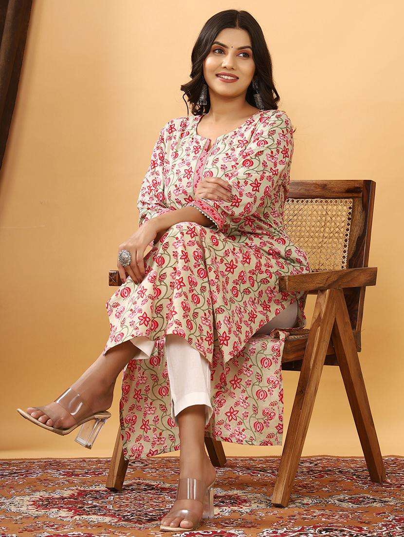 women printed three quater sleeve straight kurta - 21523706 -  Standard Image - 7