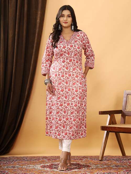 women floarl three quarter sleeve straight kurta - 21523707 - Standard Image - 0