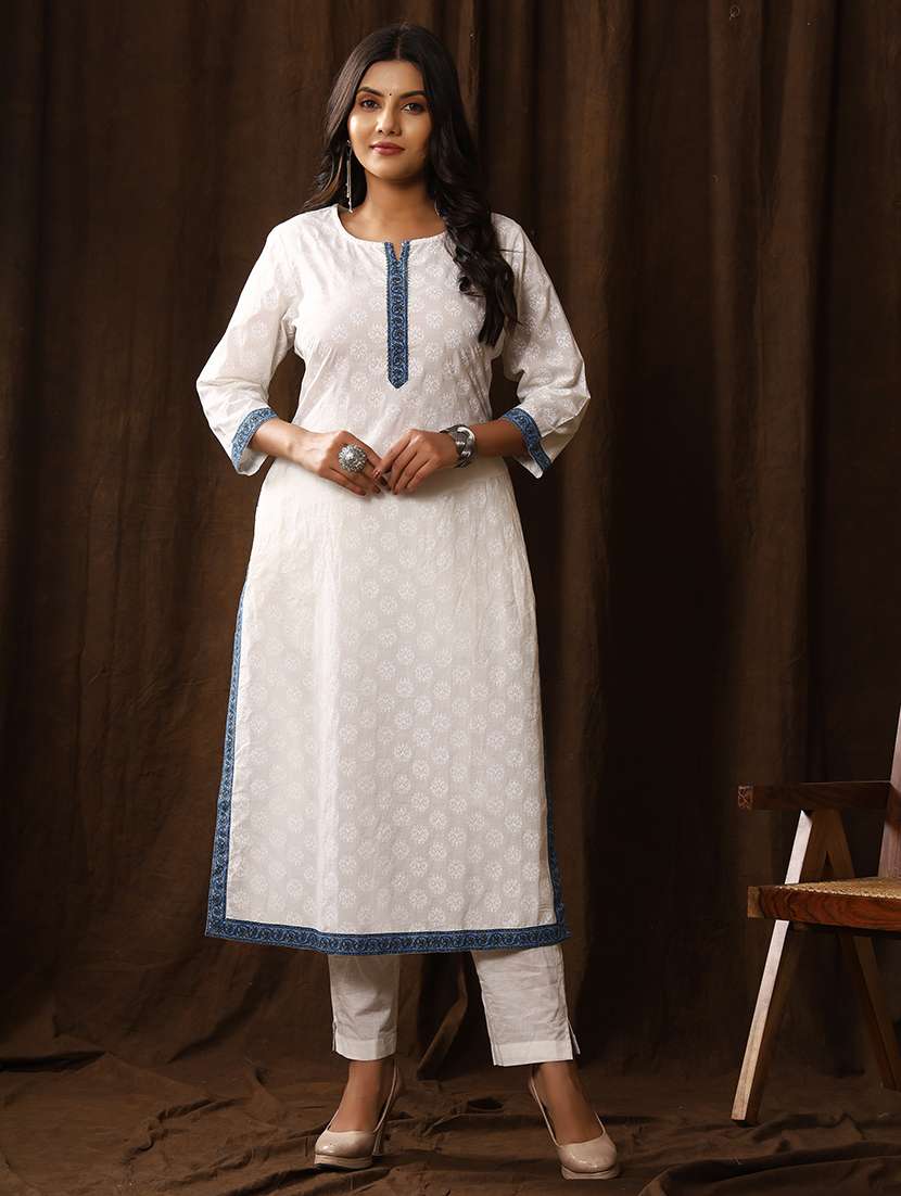 women printed three quater sleeve straight kurta