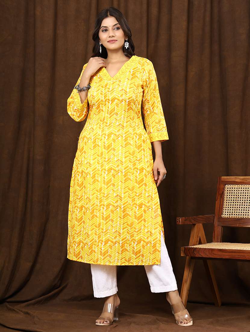 women v-neck printed straight kurta