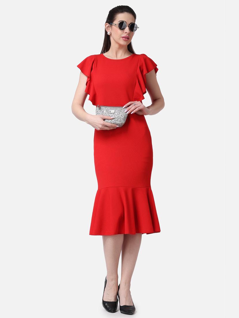 women solid cap sleeves ruffled dress - 21523764 - Zoom Image - 0