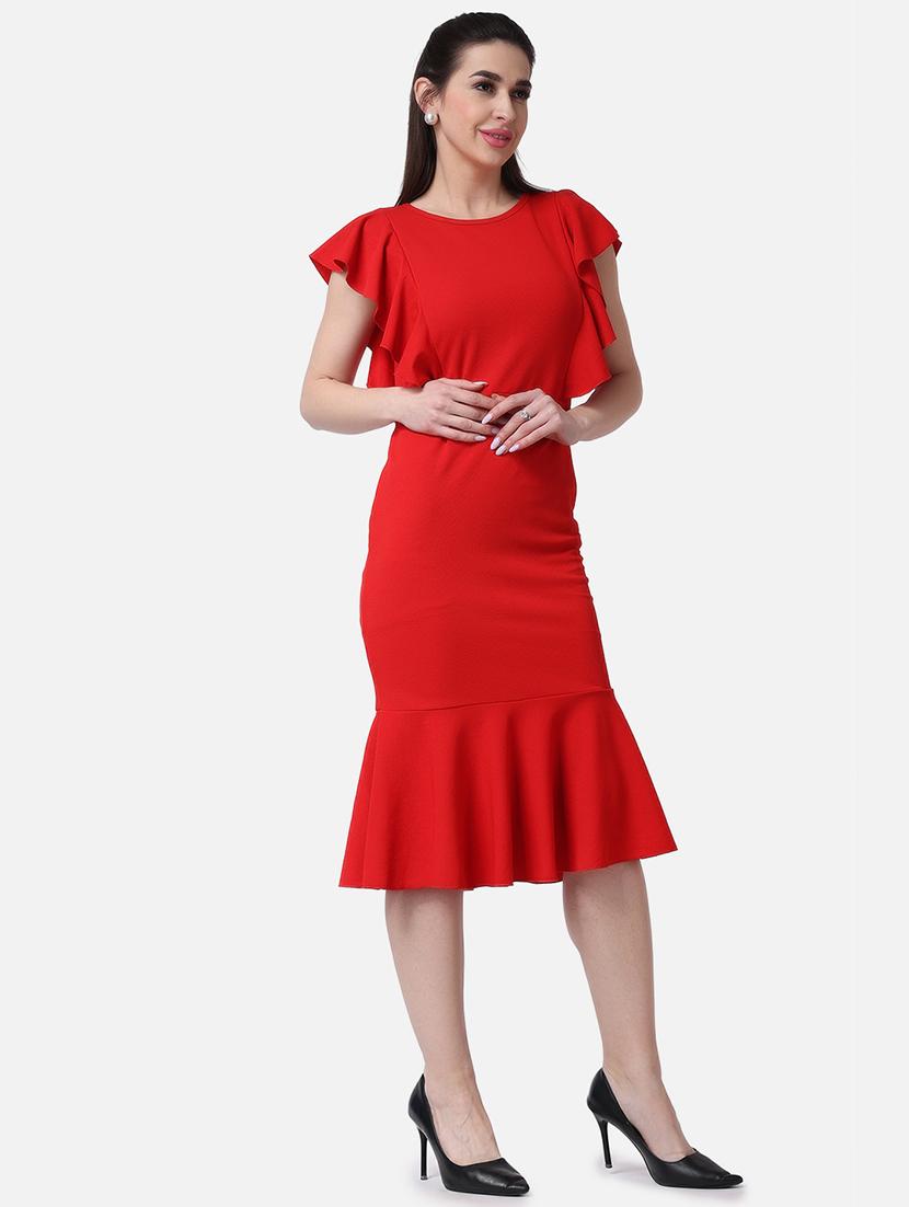 women solid cap sleeves ruffled dress - 21523764 - Standard Image - 2
