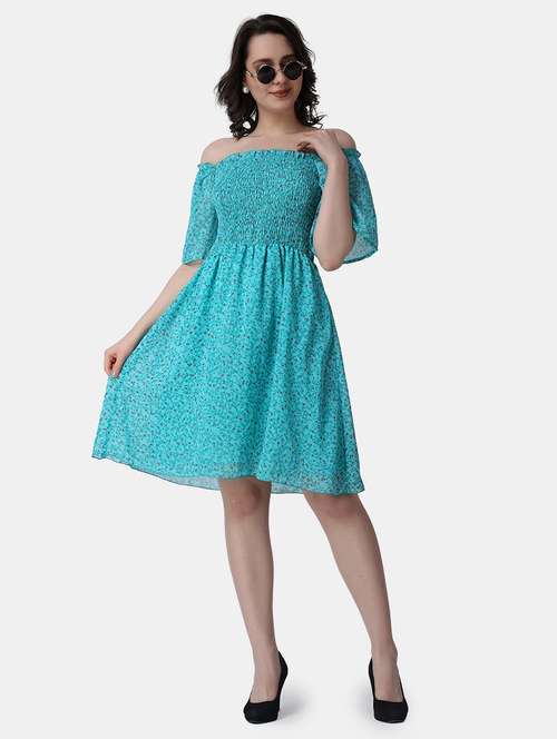 women printed off shoulder smock detailed dress - 21523766 -  Standard Image - 0