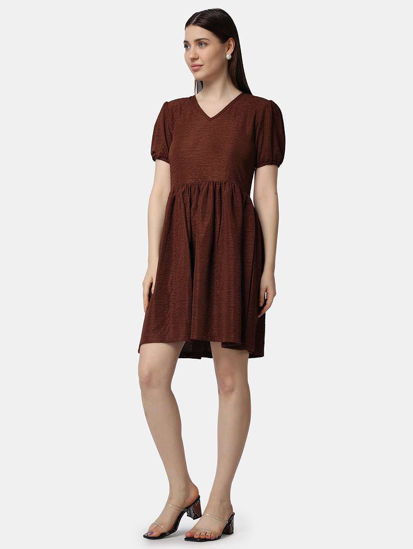 women solid puff sleeves fit & flare dress - 21523768 -  Standard Image - 2