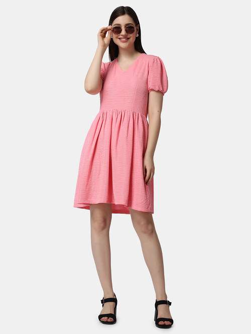 women solid puff sleeves fit & flare dress - 21523769 -  Standard Image - 0