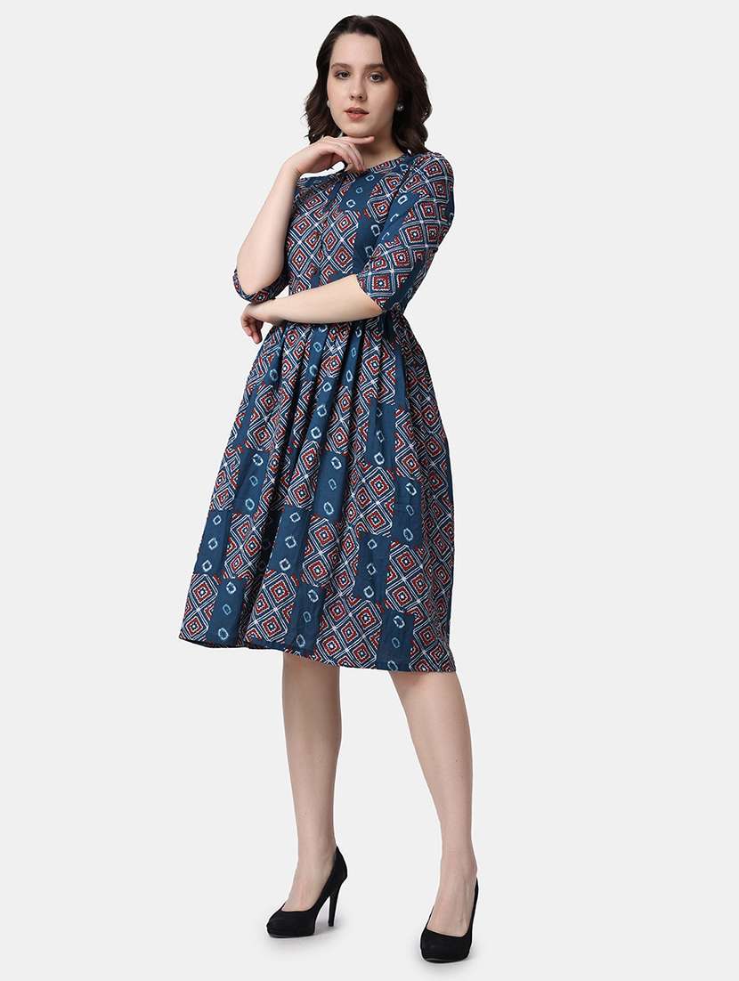 women printed round neck fit & flare dress - 21523774 -  Standard Image - 2