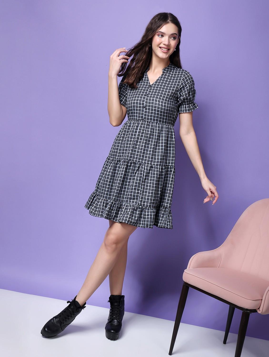 women checked printed tiered dress - 21523855 - Zoom Image - 0
