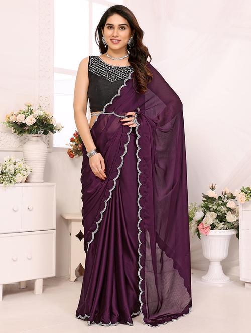 purple chiffon bordered saree with blouse - 21523916 -  Standard Image - 0
