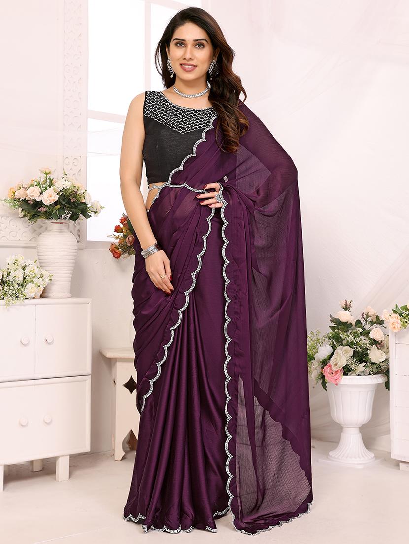 purple chiffon bordered saree with blouse - 21523916 -  Zoom Image - 0