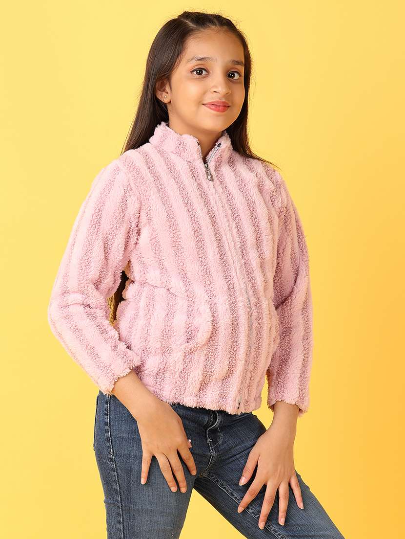 girls plain stand collar fur zip-up jacket - 21524061 -  Standard Image - 2