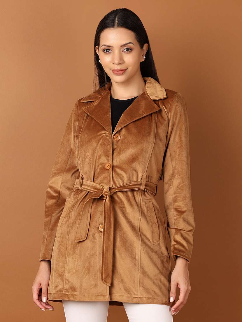 women brown solid full sleeve trench coat